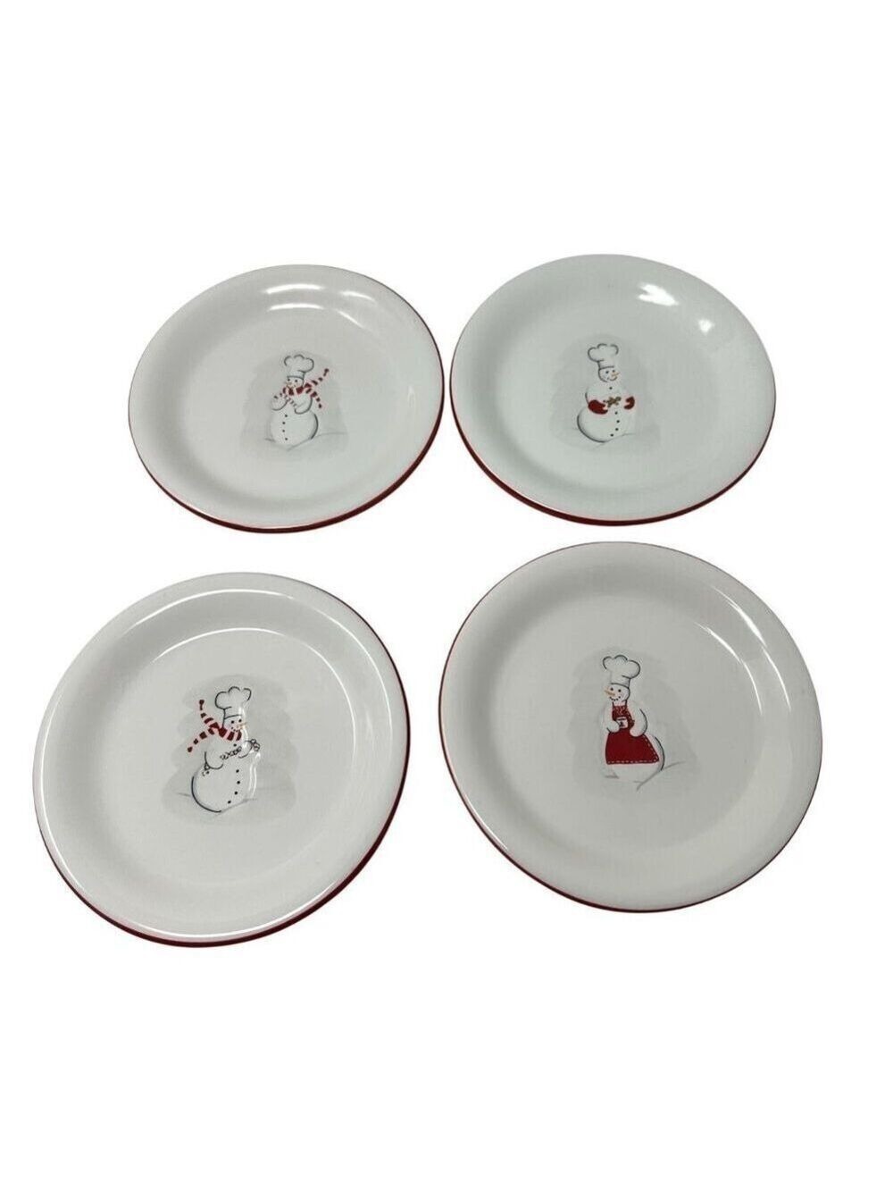 Williams Sonoma Outlet Snowman Chef Plates 6in Red Rim Winter Appetizer Set